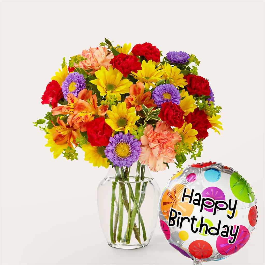 Kaleidoscope Bouquet with Birthday Balloon – Oopsie Daisy Florist, Raeford NC