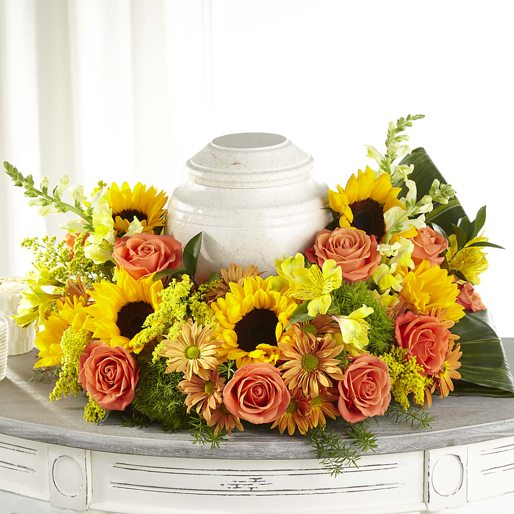Faithful Sunflower Cremation Adornment – Oopsie Daisy Florist, Raeford NC