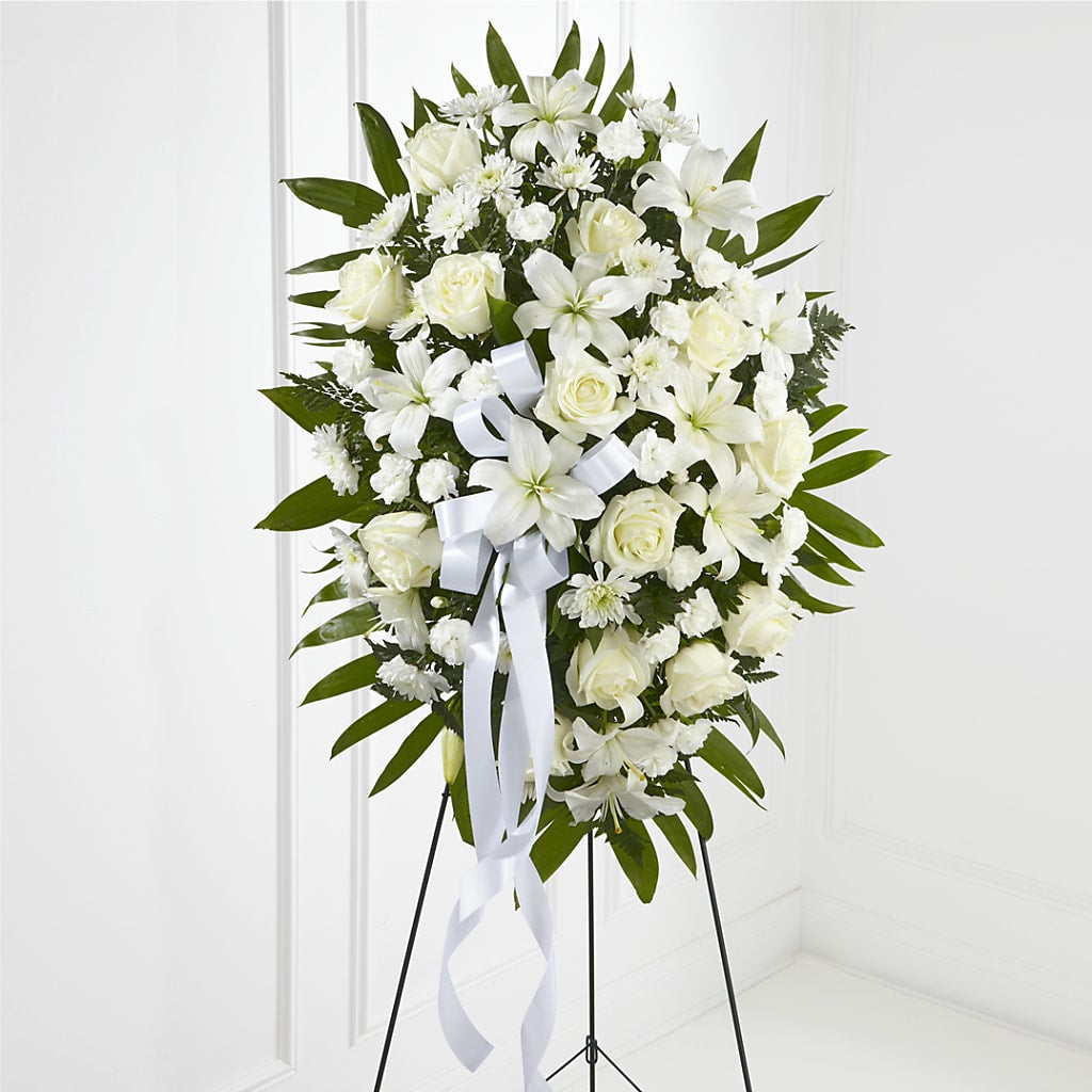 Exquisite Tribute Standing Spray-White Ribbon – Oopsie Daisy Florist, Raeford NC