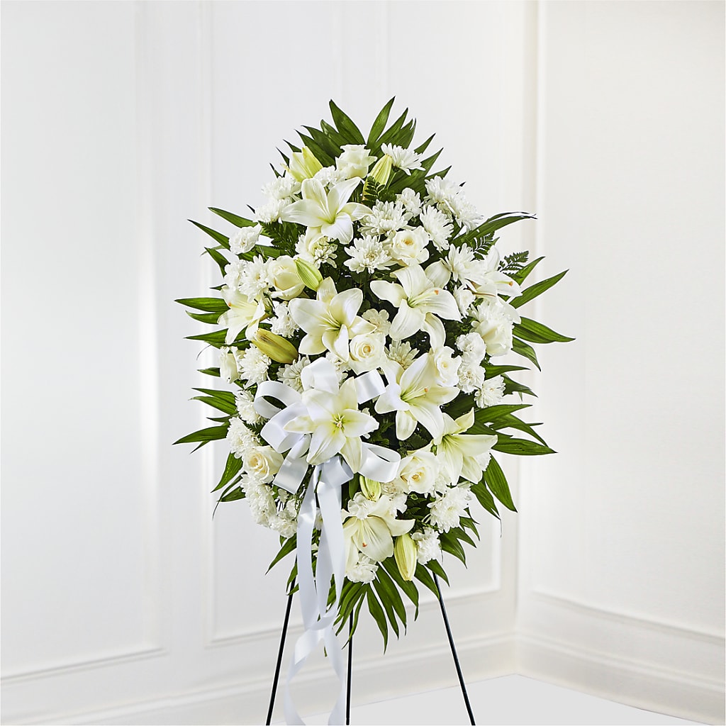 Exquisite Tribute Standing Spray-White Ribbon – Oopsie Daisy Florist, Raeford NC