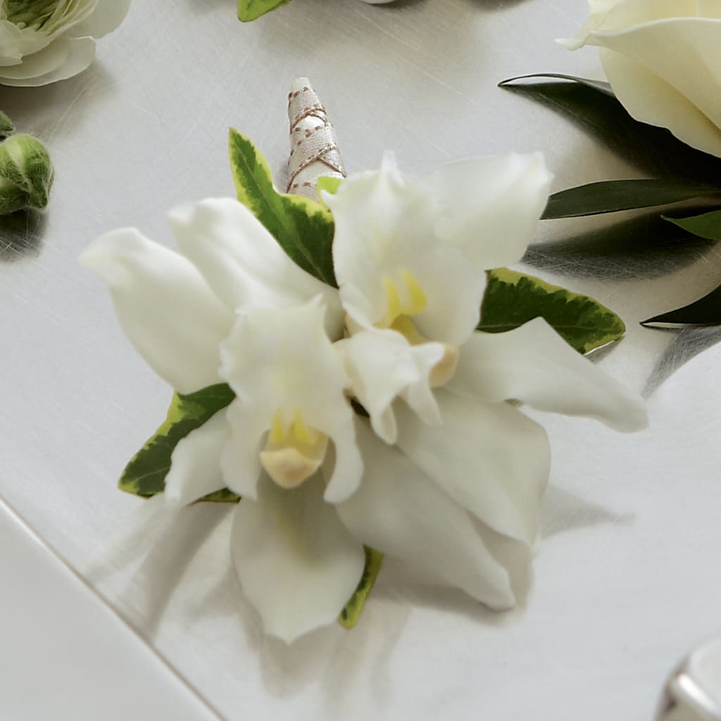 White Mini Cymbidium Boutonniere – Oopsie Daisy Florist, Raeford NC